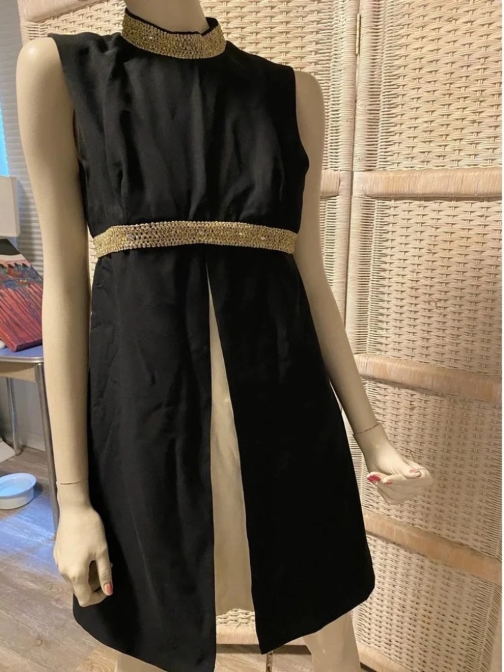 Vintage Empire Waist Dress Black White Rhinestone Trim 1970’s